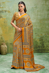 Pirate Gold Ajrakh Printed Semi Modal Satin Silk Saree
