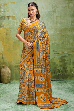Pirate Gold Ajrakh Printed Semi Modal Satin Silk Saree