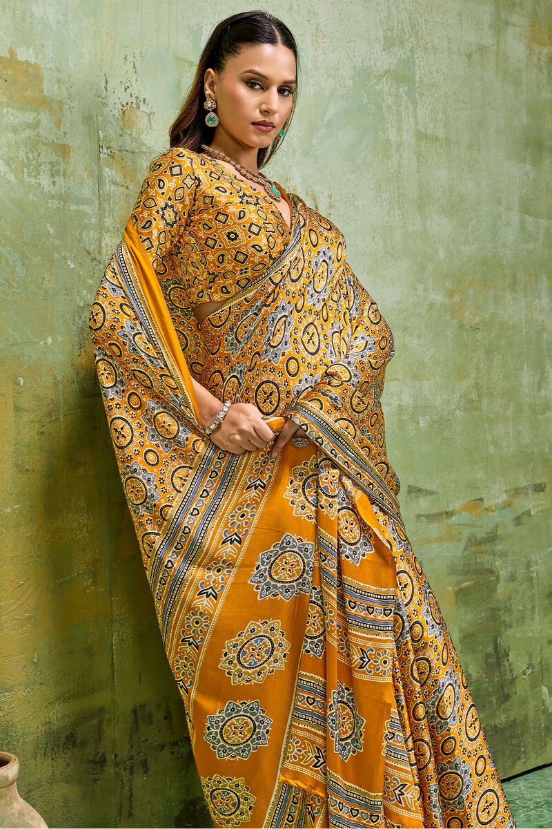 Pirate Gold Ajrakh Printed Semi Modal Satin Silk Saree