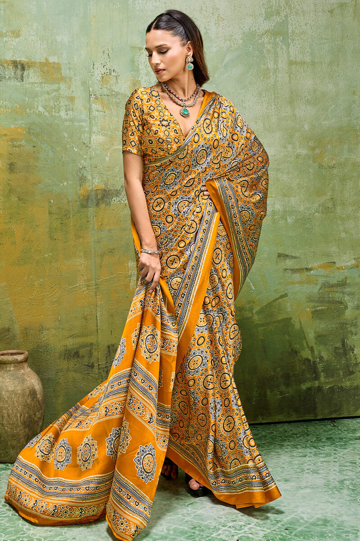 Pirate Gold Ajrakh Printed Semi Modal Satin Silk Saree