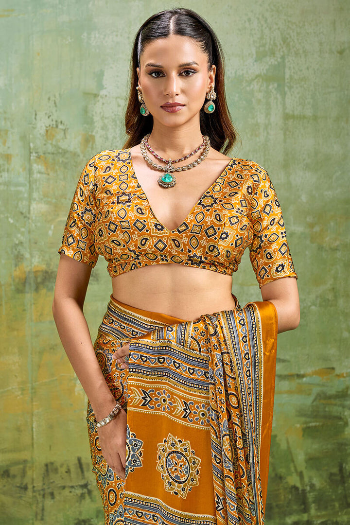 Pirate Gold Ajrakh Printed Semi Modal Satin Silk Saree