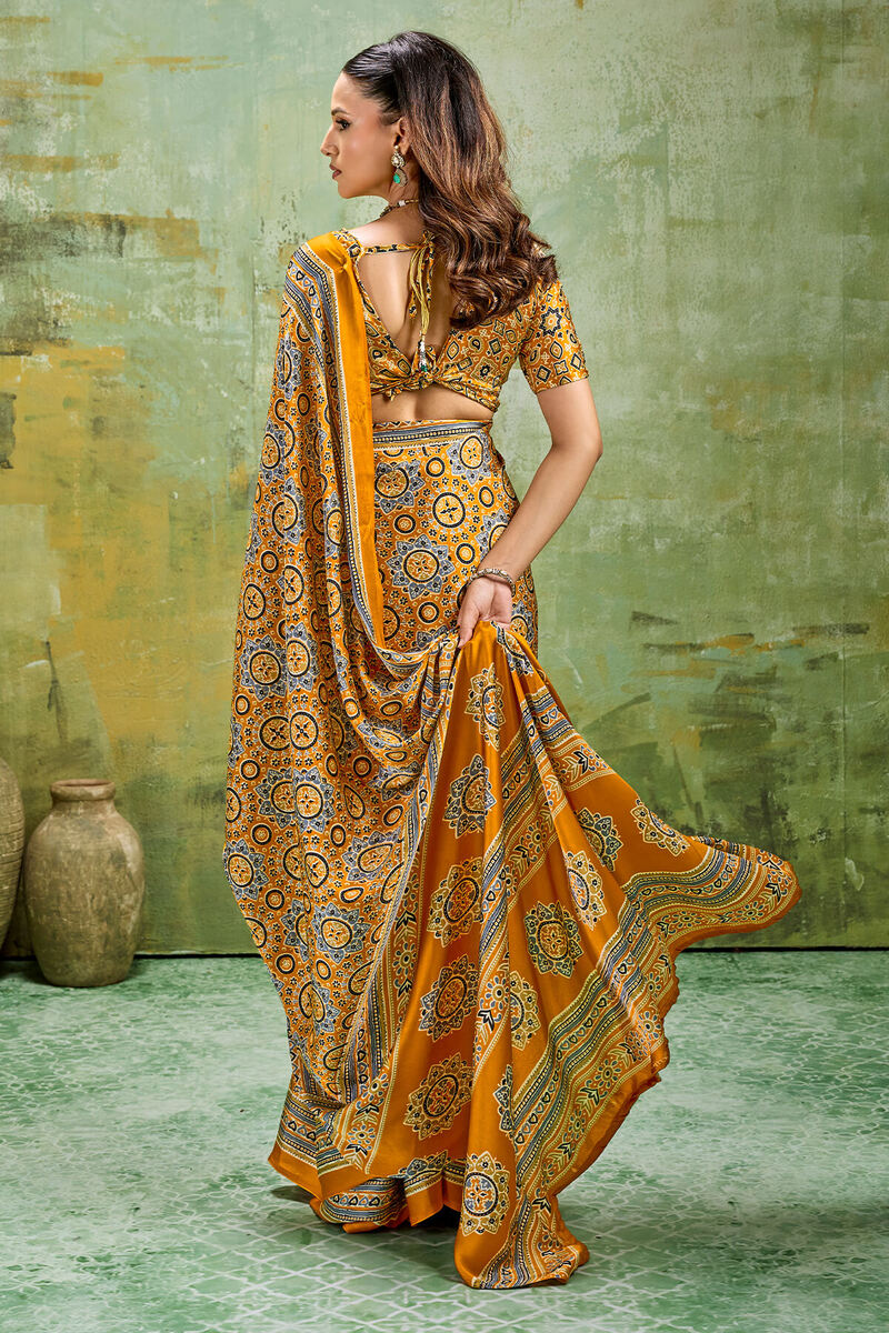 Pirate Gold Ajrakh Printed Semi Modal Satin Silk Saree