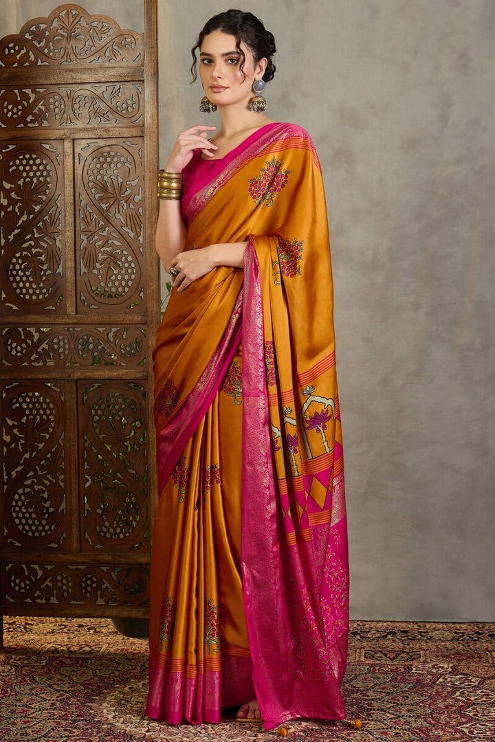 Pirate Gold Printed Satin Silk Saree with Zari woven Border and Pallu