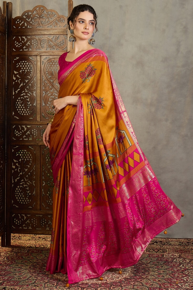 Pirate Gold Printed Satin Silk Saree with Zari woven Border and Pallu