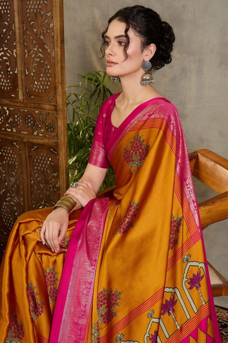 Pirate Gold Printed Satin Silk Saree with Zari woven Border and Pallu