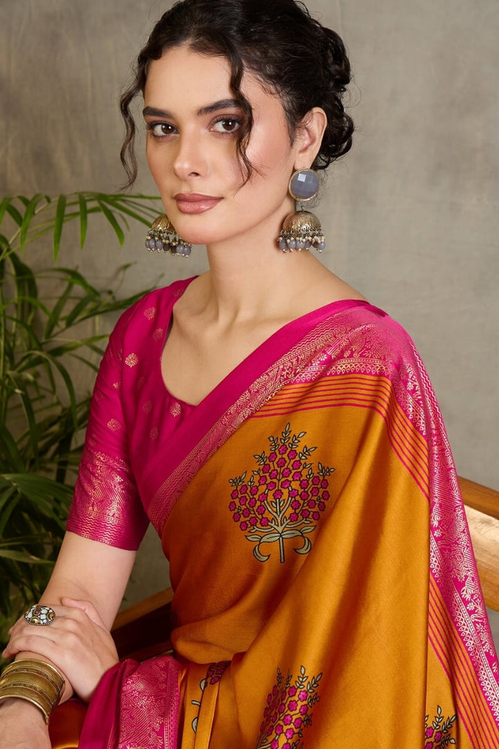 Pirate Gold Printed Satin Silk Saree with Zari woven Border and Pallu