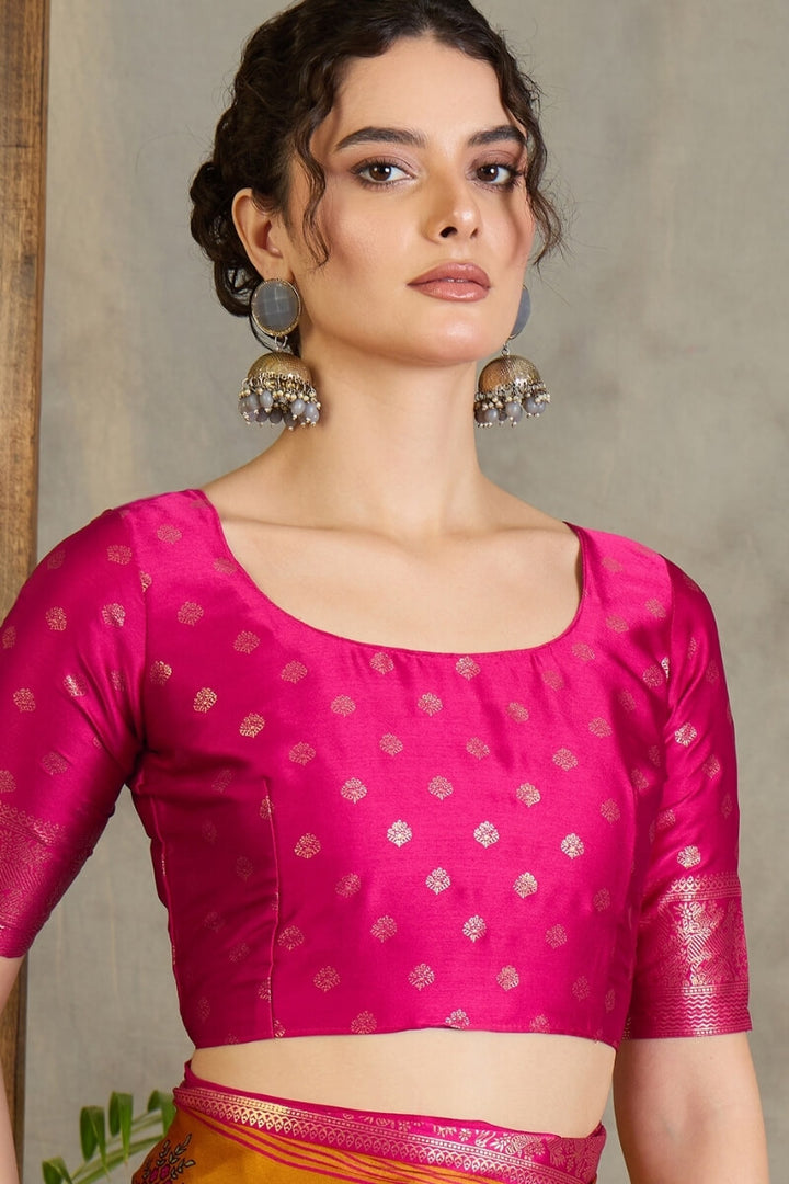 Pirate Gold Printed Satin Silk Saree with Zari woven Border and Pallu