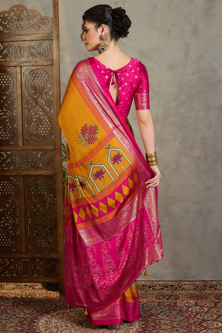 Pirate Gold Printed Satin Silk Saree with Zari woven Border and Pallu