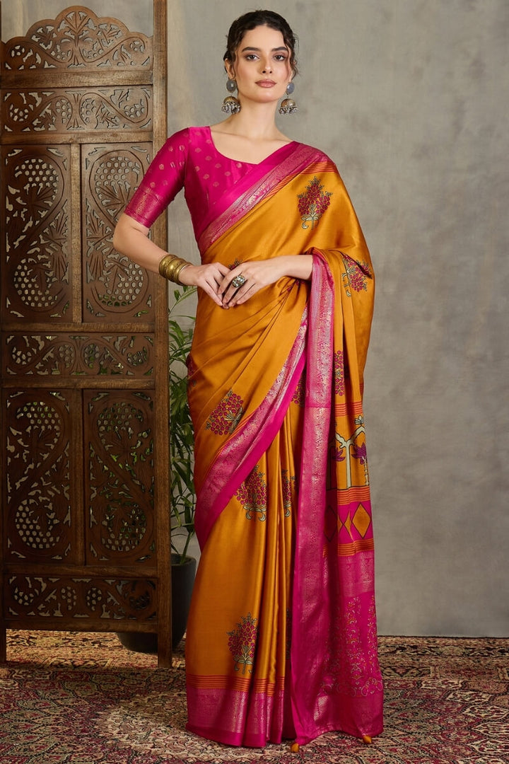 Pirate Gold Printed Satin Silk Saree with Zari woven Border and Pallu