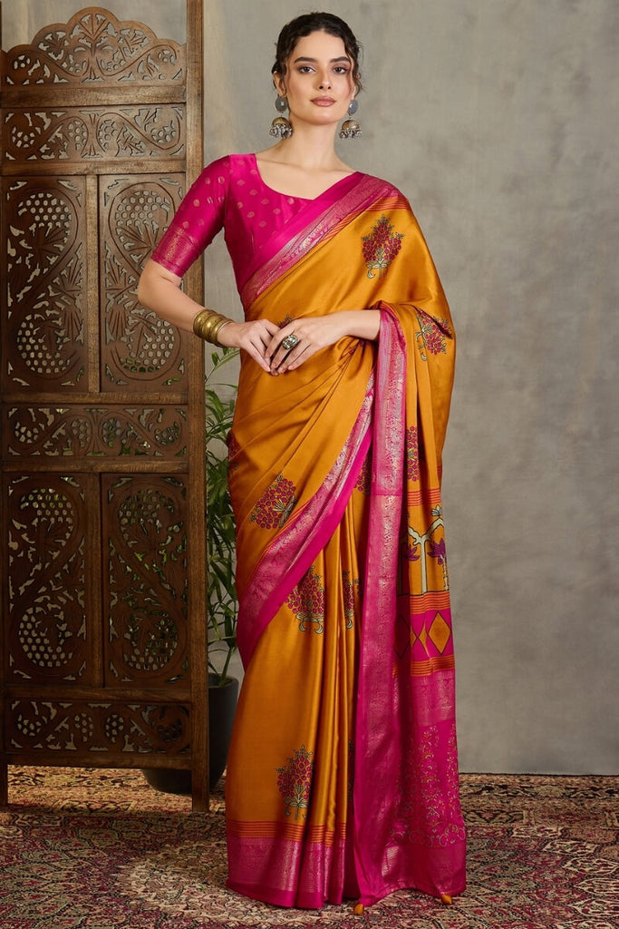 Pirate Gold Printed Satin Silk Saree with Zari woven Border and Pallu