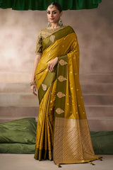 Pirate Gold Zari Woven Satin Silk Saree With Heavy Embroidery Blouse Piece