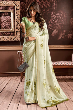 Pista Green Floral Printed Silk Saree