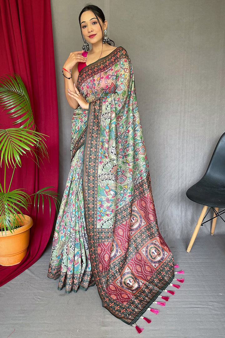 Pista Green Kalamkari Printed Cotton Saree