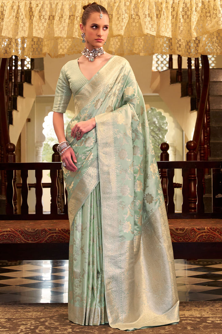 Pistachio Green Banarasi Satin Silk Saree