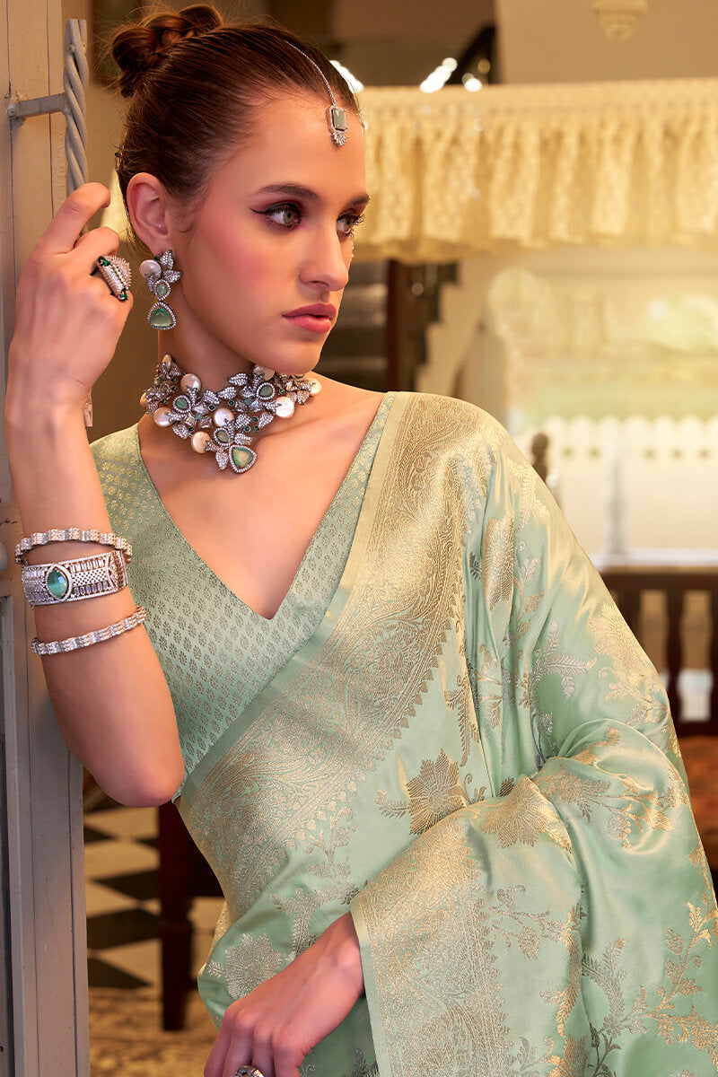 Pistachio Green Banarasi Satin Silk Saree