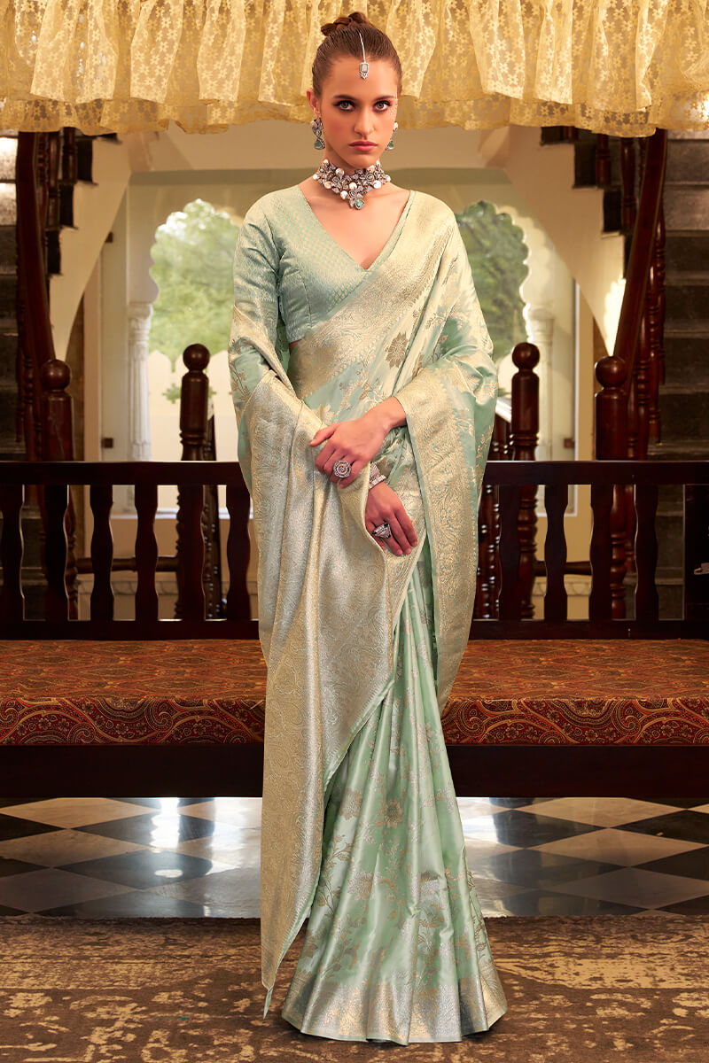 Pistachio Green Banarasi Satin Silk Saree