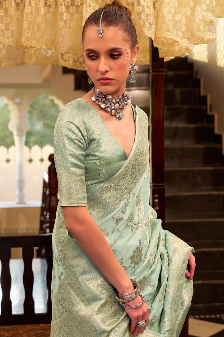 Pistachio Green Banarasi Satin Silk Saree