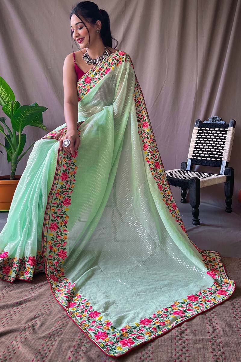 Pistachio Green Embroidered Sequence Work Georgette Saree