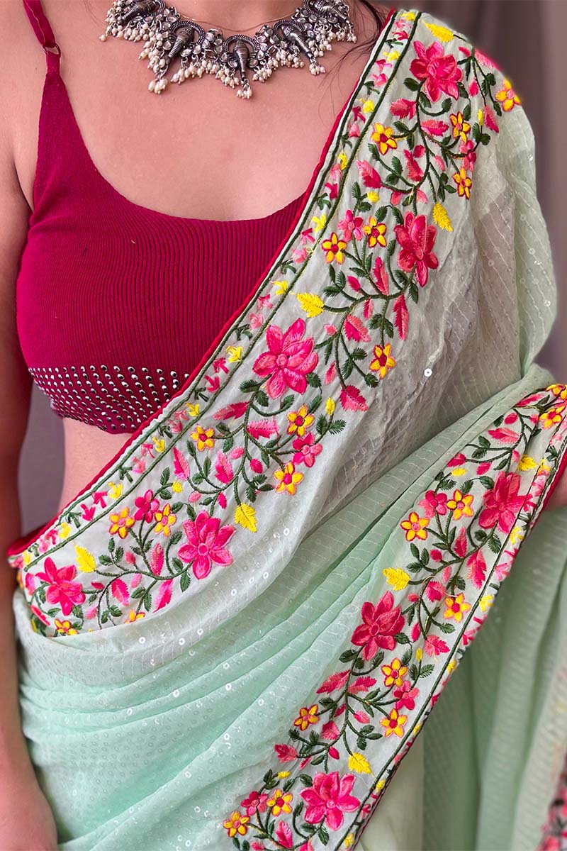 Pistachio Green Embroidered Sequence Work Georgette Saree