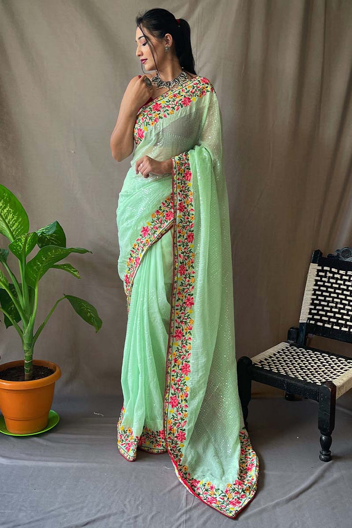 Pistachio Green Embroidered Sequence Work Georgette Saree