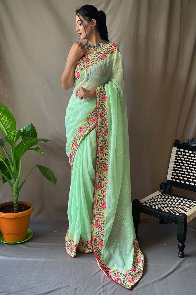 Pistachio Green Embroidered Sequence Work Georgette Saree