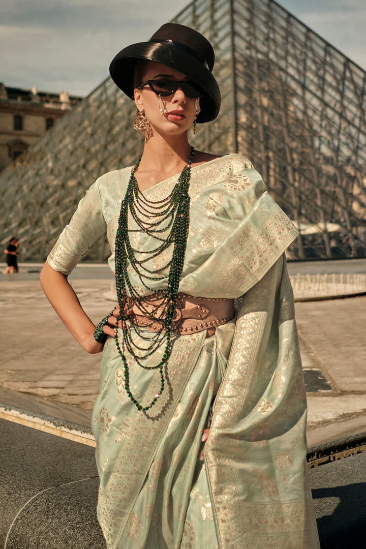 Pistachio Green Gota Zari Woven Banarasi Silk Saree