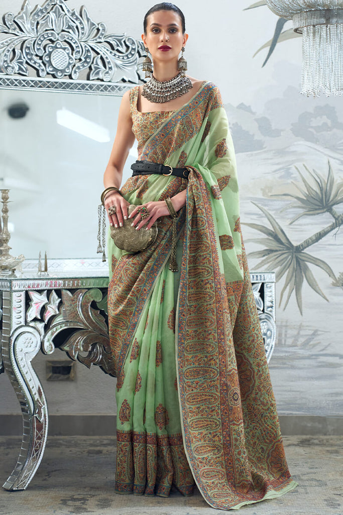 Pistachio Green Kashmiri Modal Pashmina Silk Saree