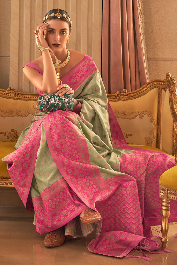 Pistachio Green Soft Banarasi Silk Saree