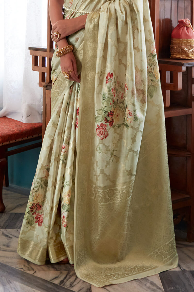 Pistachio Green Zari Woven Floral Printed Silk Saree