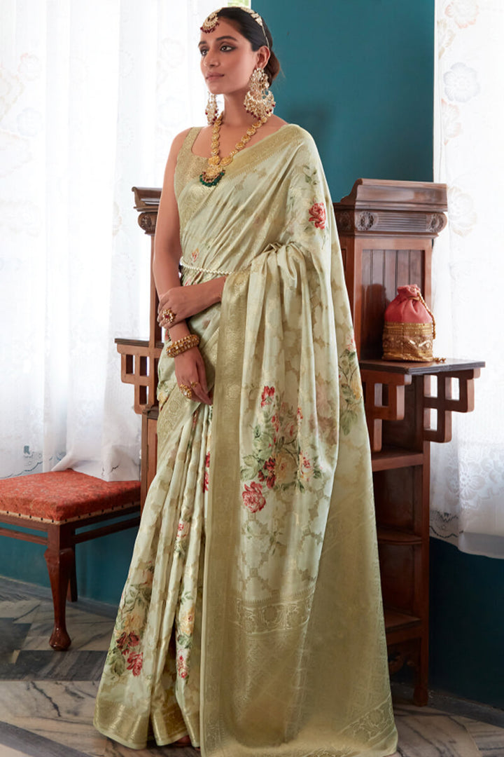 Pistachio Green Zari Woven Floral Printed Silk Saree