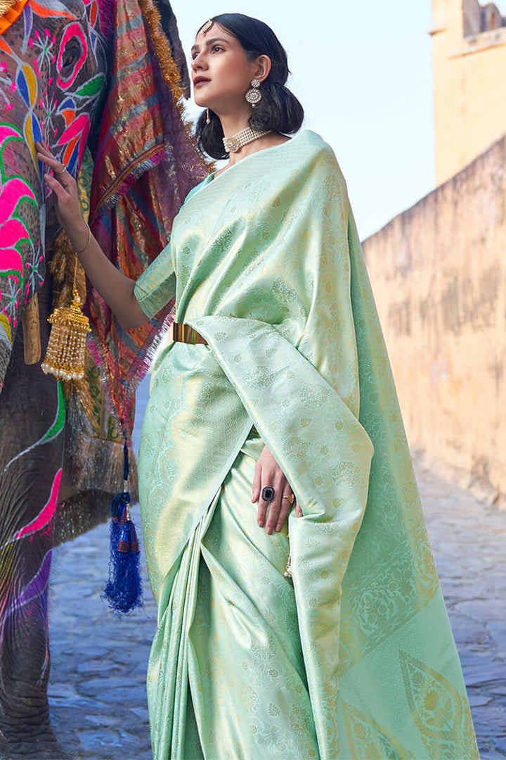 Pistachio Green Zari Woven Kanjivaram Silk Saree