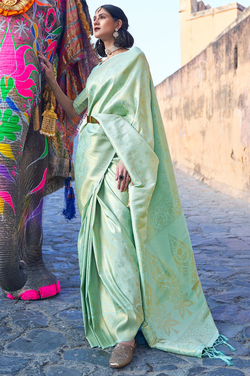 Pistachio Green Zari Woven Kanjivaram Silk Saree