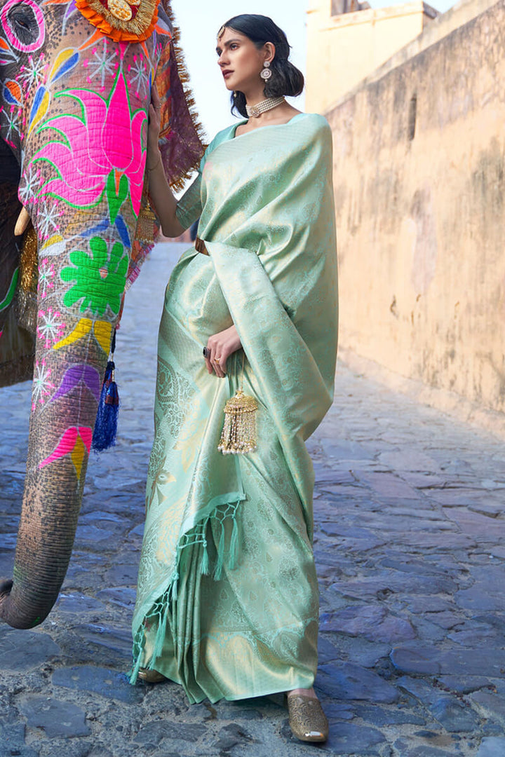 Pistachio Green Zari Woven Kanjivaram Silk Saree