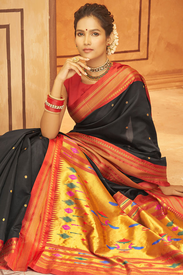 Pitch Black Paithani Silk Saree