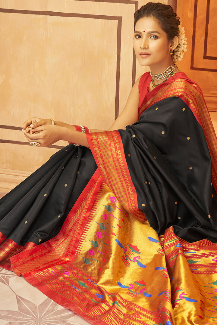 Pitch Black Paithani Silk Saree