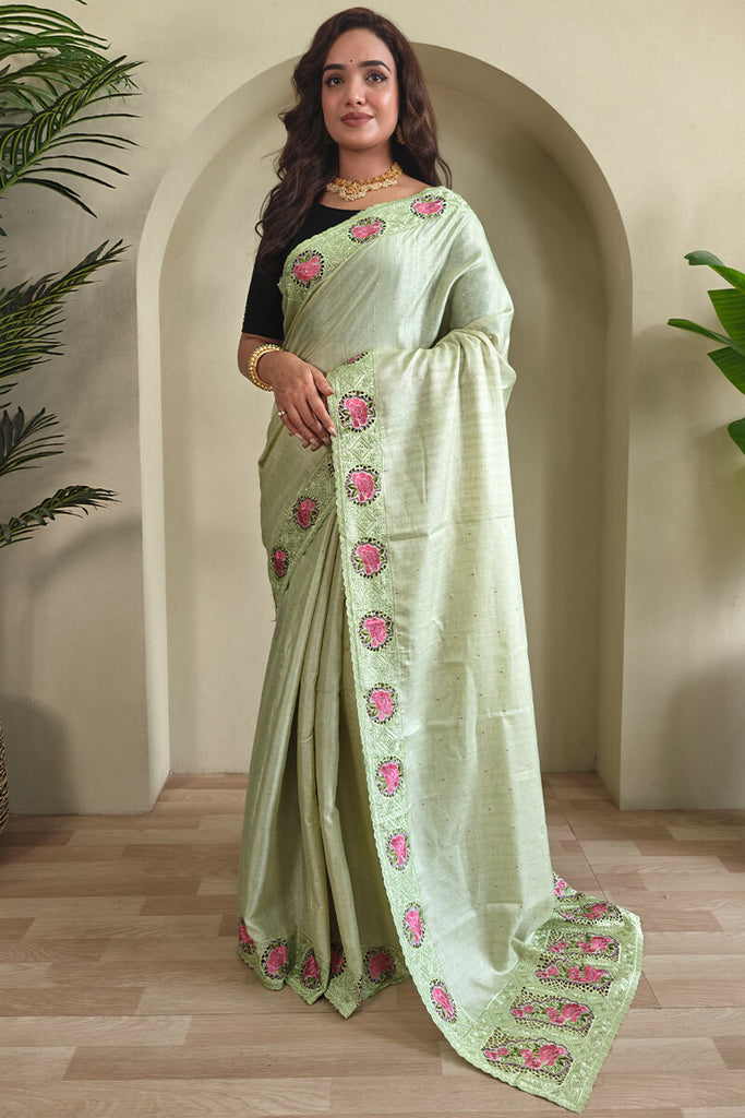 Pixie Green Cutwork Embroidered Tussar Silk Saree