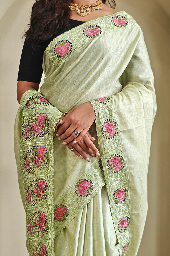 Pixie Green Cutwork Embroidered Tussar Silk Saree