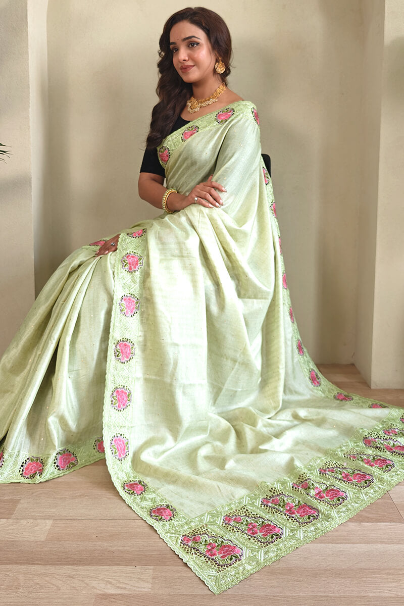 Pixie Green Cutwork Embroidered Tussar Silk Saree