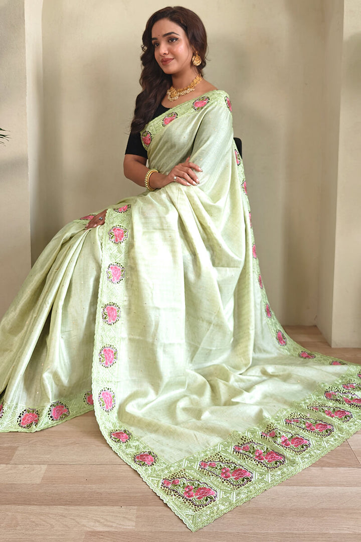 Pixie Green Cutwork Embroidered Tussar Silk Saree