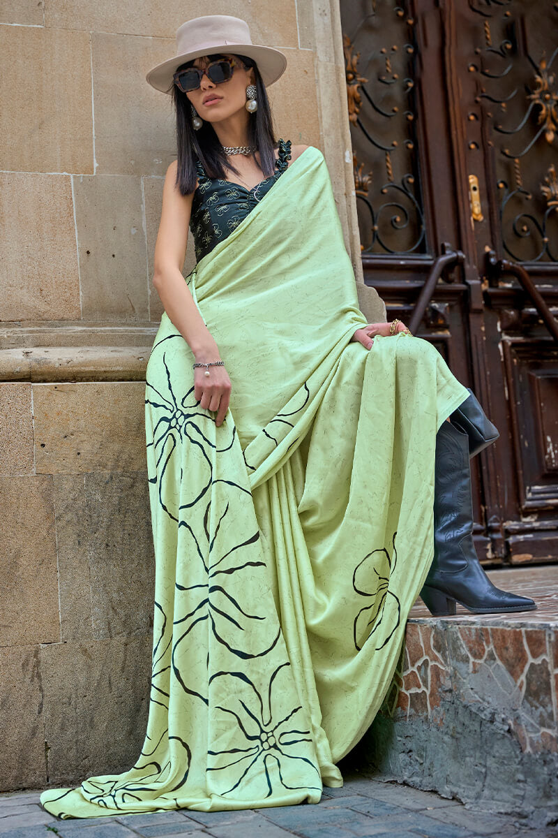 Pixie Green Digital Printed Satin Silk Saree