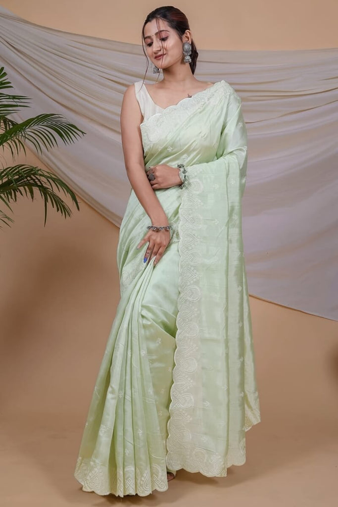 Pixie Green Embroidered Soft Silk Saree