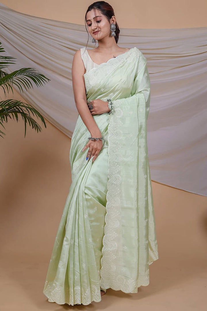 Pixie Green Embroidered Work Soft Silk Saree