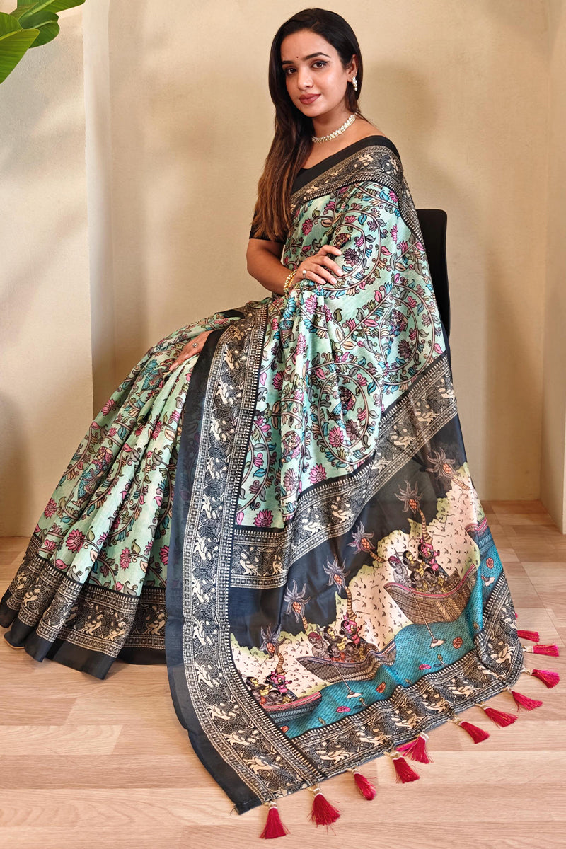 Pixie Green Kalamkari Printed Chanderi Cotton Saree