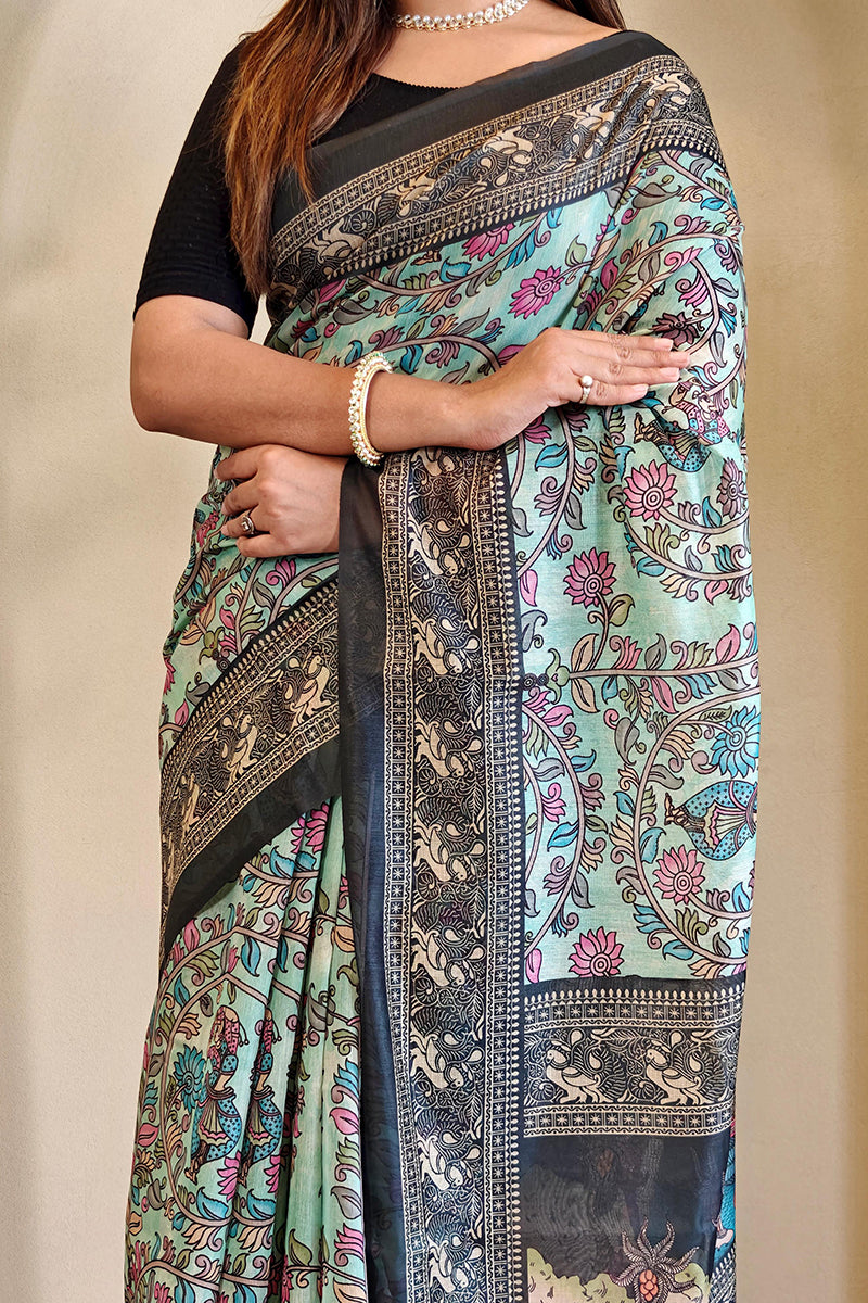 Pixie Green Kalamkari Printed Chanderi Cotton Saree
