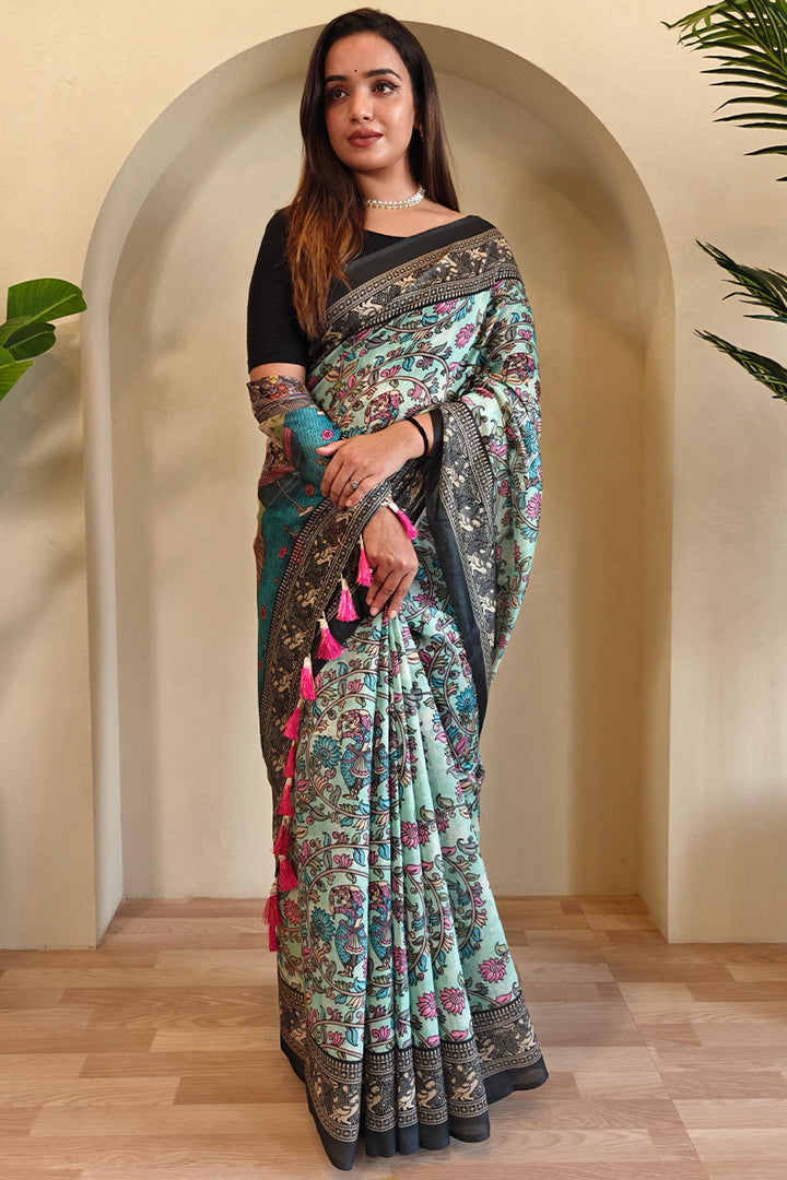 Pixie Green Kalamkari Printed Chanderi Cotton Saree