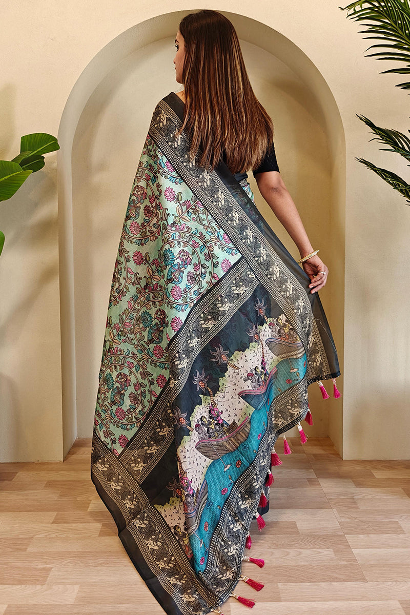 Pixie Green Kalamkari Printed Chanderi Cotton Saree