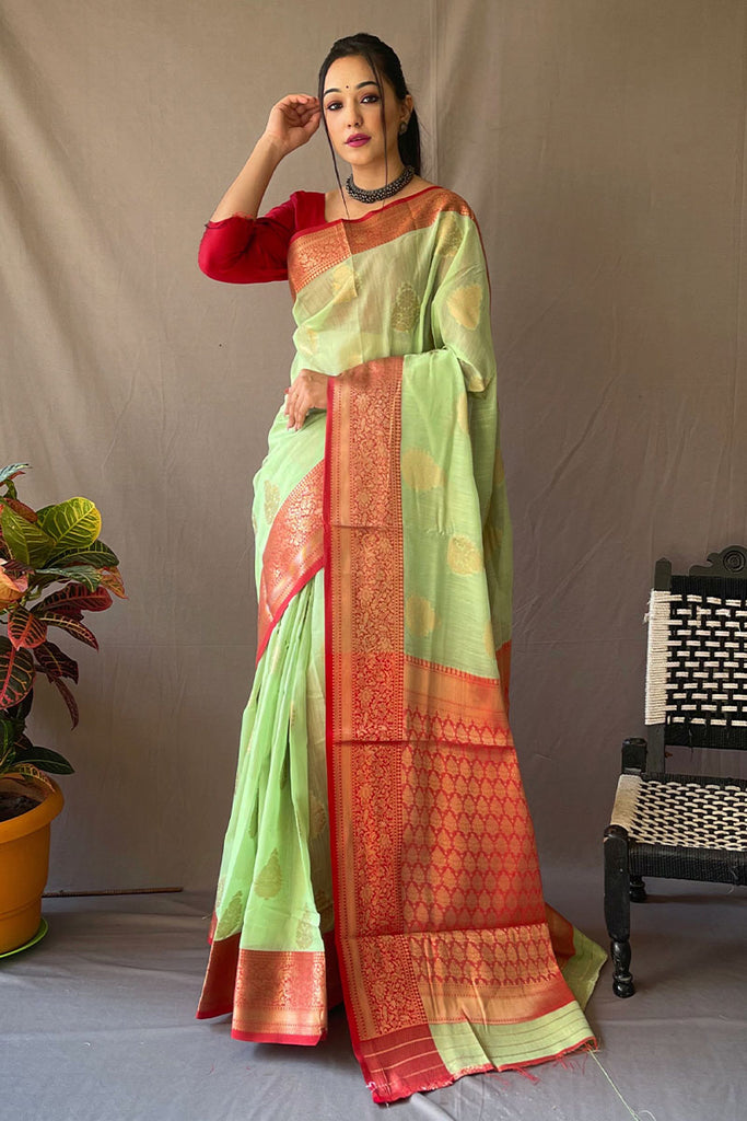 Pixie Green Zari Woven Linen Silk Saree