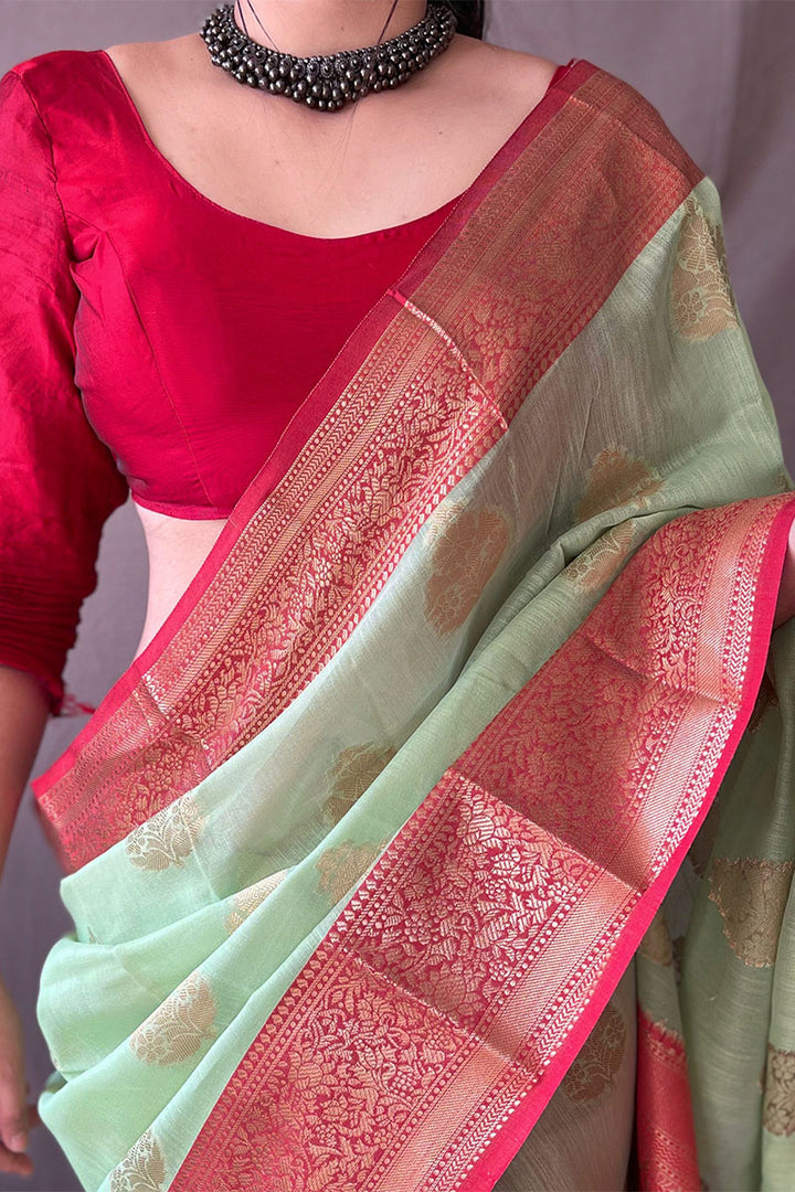 Pixie Green Zari Woven Linen Silk Saree