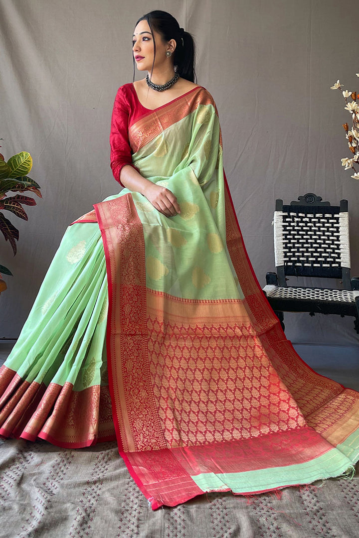 Pixie Green Zari Woven Linen Silk Saree