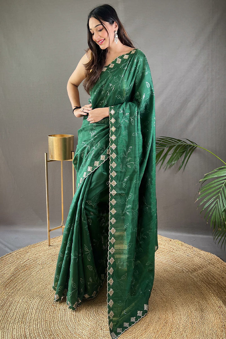 Plantation Green Embroidered SequenceWork Soft Silk Saree